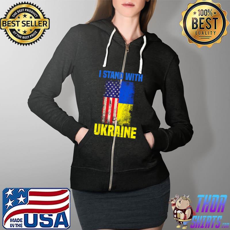 I Stand With Ukraine Support Ukrainian American USA Flag T- Full Zip Hooded