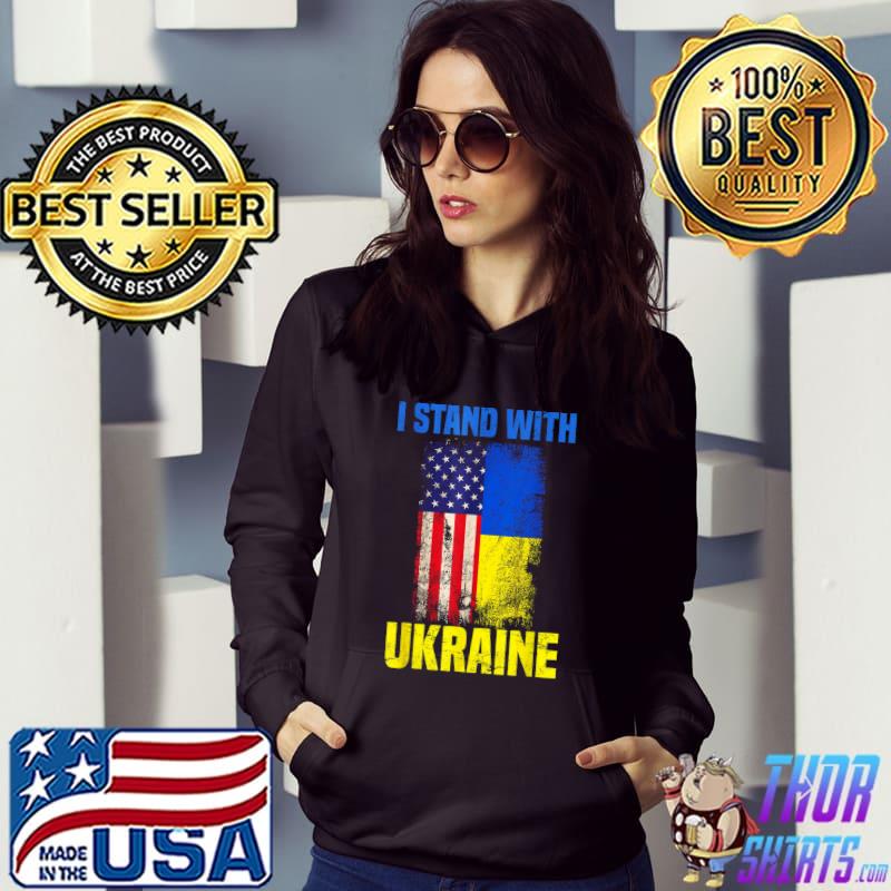 I Stand With Ukraine Support Ukrainian American USA Flag T- Hoodie