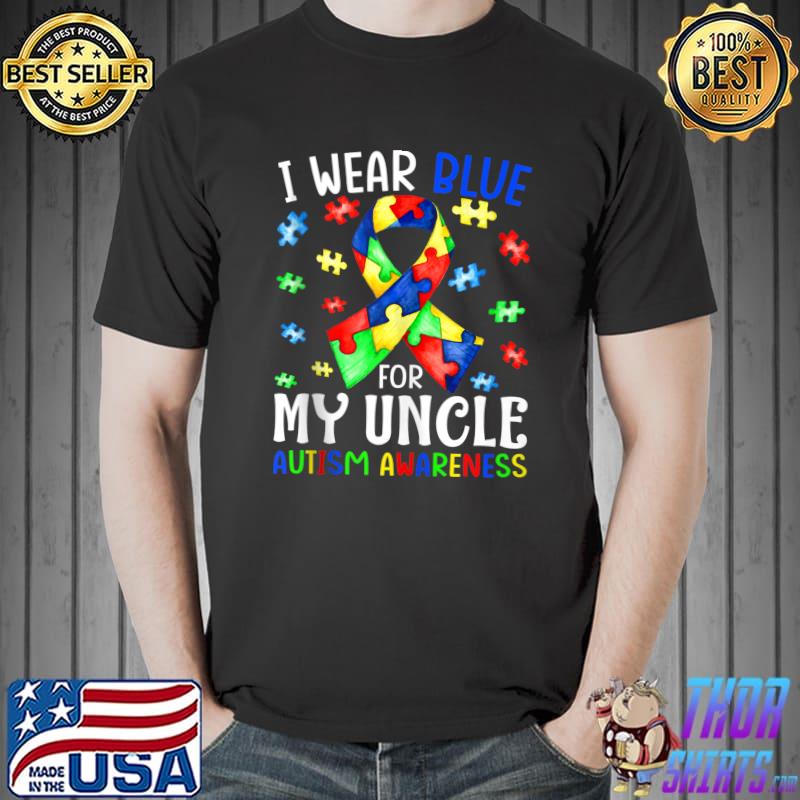 I Wear Blue For My Uncle Autism Awareness Ribbon Puzzle T-Shirt