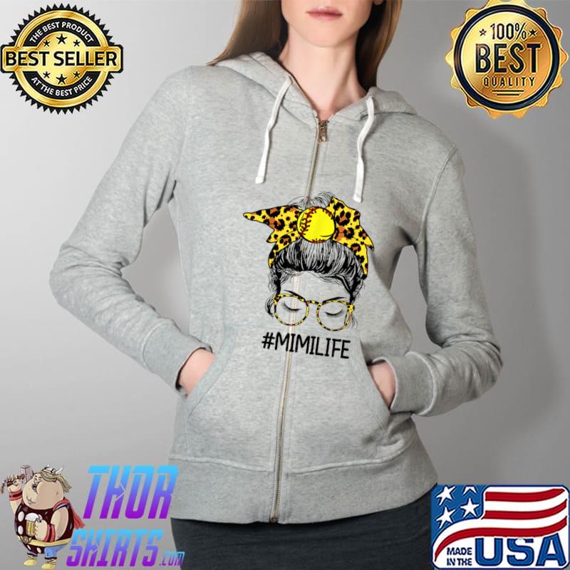 Softball Mimi Life Leopard Messy Bun Mother's Day Gifts T-Shirt Full Zip Hooded