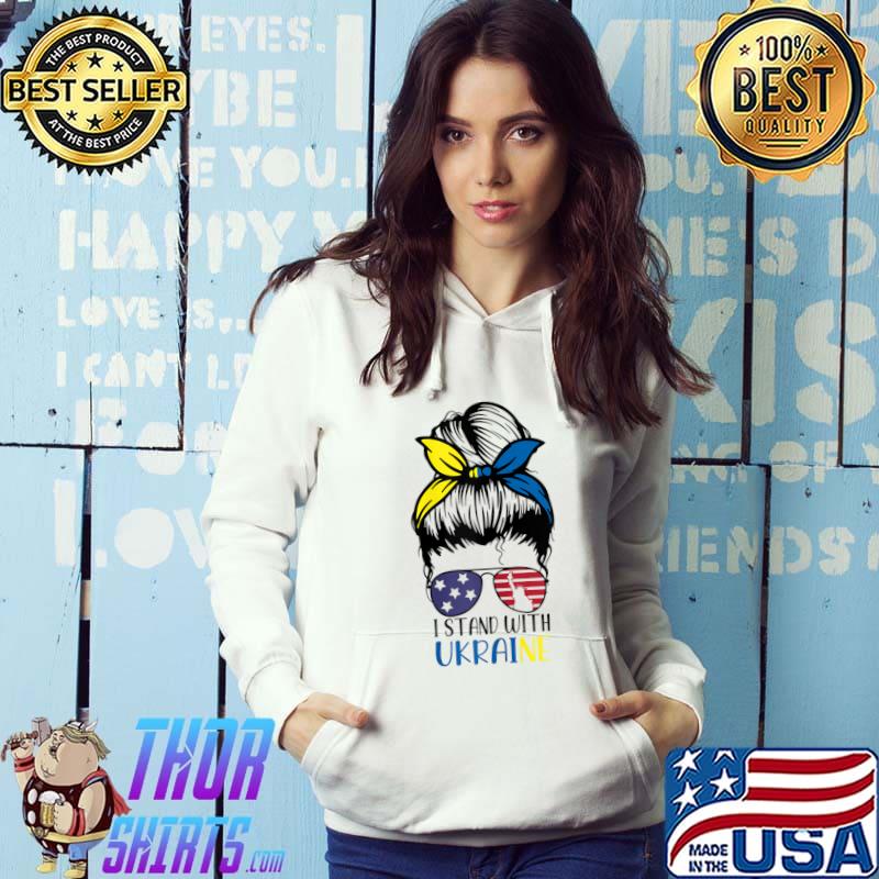 Womens Messy Bun I Stand With Ukraine Ukrainian American Flag T-Shirt
