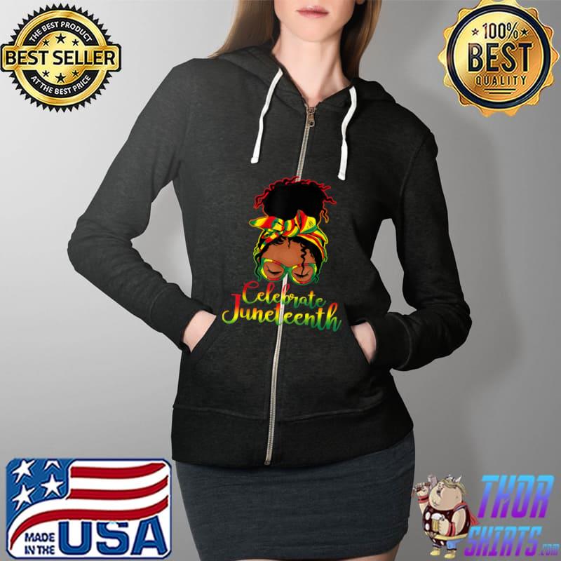 Celebrate Juneteenth Outfit Women Messy Bun Eye Glasses T-Shirt Full Zip Hooded
