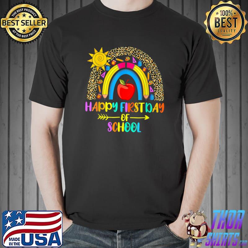 Happy First Day Of School Rainbow Leopard Women Teacher T-Shirt