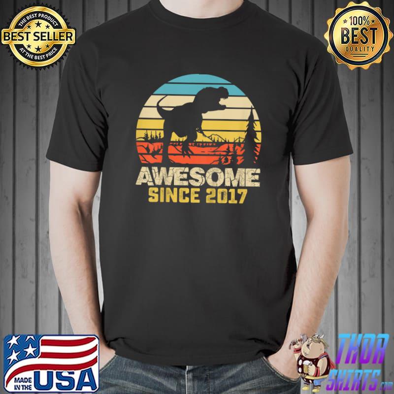 Awesome Since 2017 Dinosaur 5 Year Old 5th Birthday Boys Vintage Sunset T-Shirt