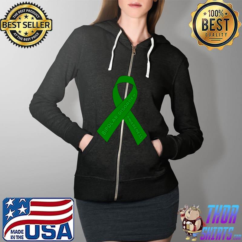 Bipolar Disorder Awareness Ribbon Green T-Shirt Full Zip Hooded