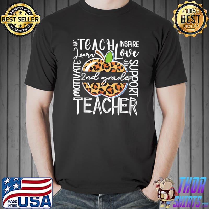 2nd Grade Teacher Teach Motivate Second Grade Apple Leopard Halloween T-Shirt