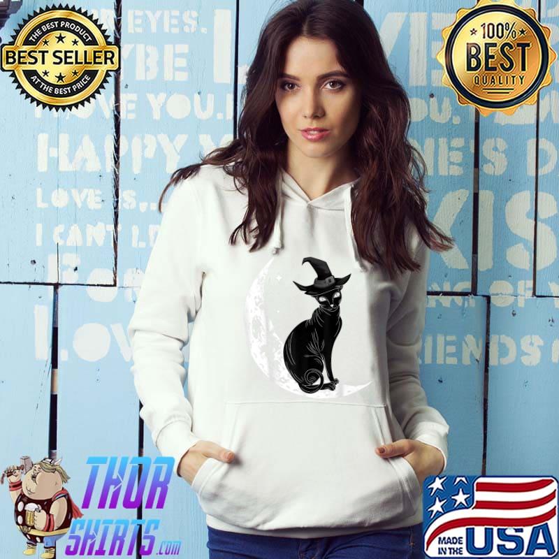 Black Cat With Witch Hat & Moon Halloween Costume Day T-Shirt Hoodie