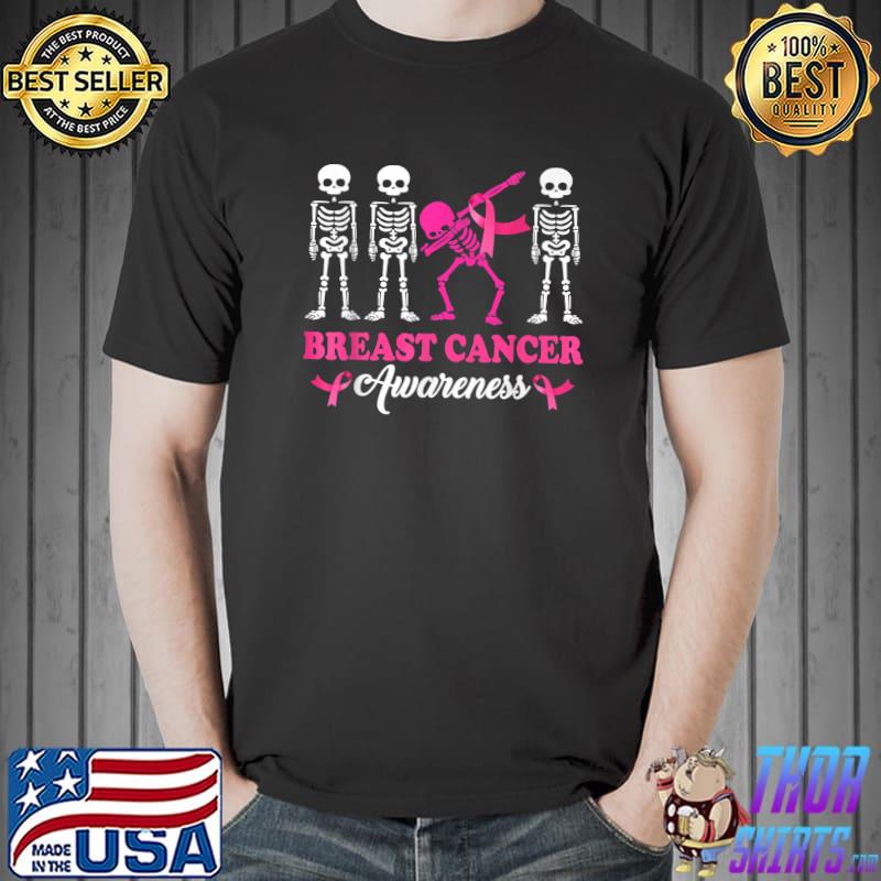 Breast Cancer Awareness Dabbing Skeleton With Pink Ribbon Halloween T-Shirt