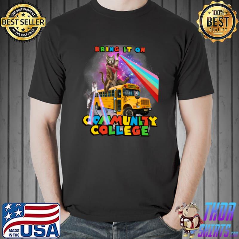 Bring It On Community College School Meowdy Cowboy Cat Riding Bus Retro T-Shirt