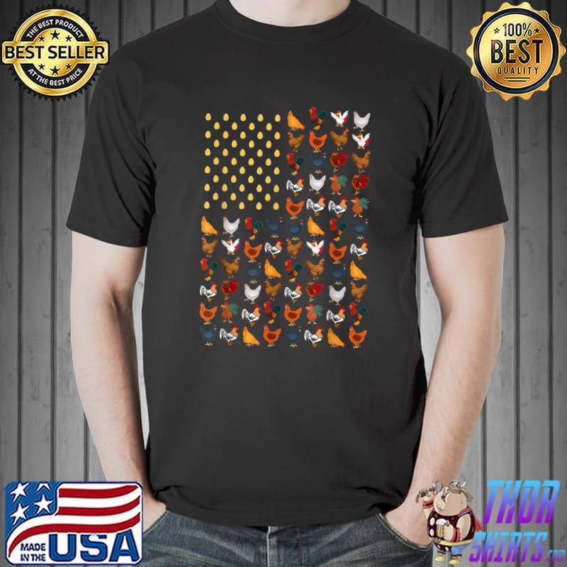 Chicken Rooster Hens Eggs American Flag Farmer Chicken Lover T-Shirt