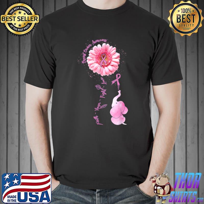 Faith Hope Fight Love Elephant Flower Breast Cancer Awareness T-Shirt