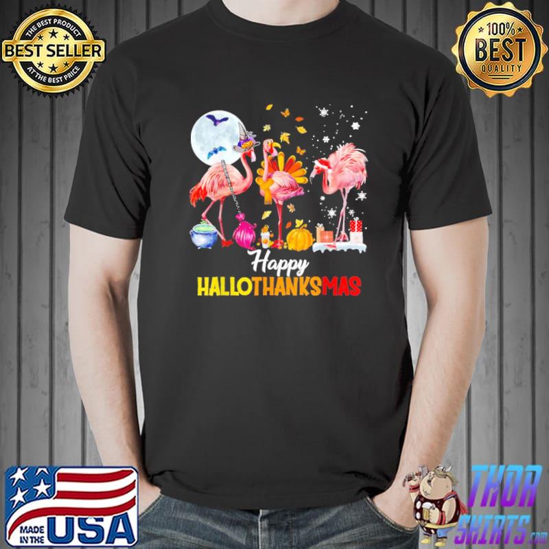 Funny thanksgiving flamingo happy hallothanksmas funny halloween thanksgiving shirt