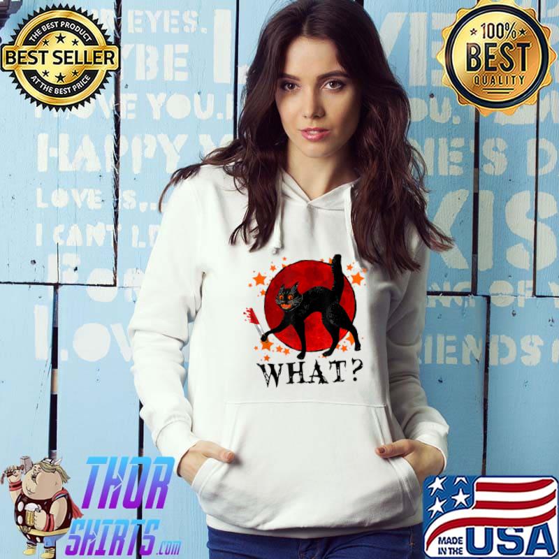 Halloween Cat What Black Cat With Knife Costume Blood Moon T-Shirt Hoodie