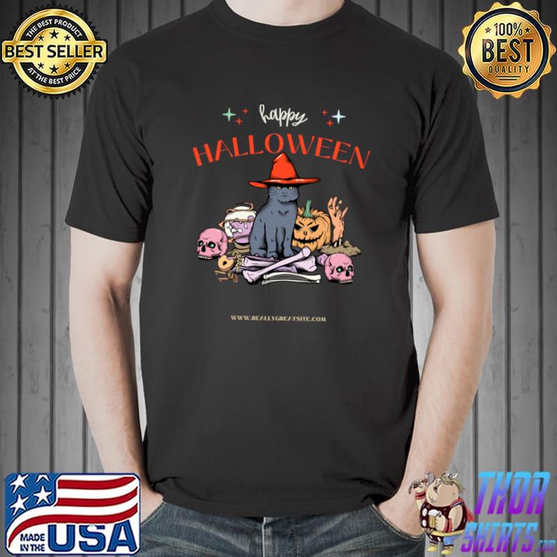 Happy Halloween Cat Witch Pumpkin And Skull T-Shirt