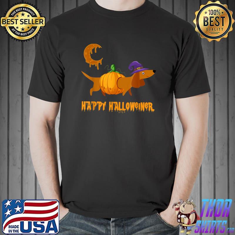 Happy Halloweiner Dachshund Hat Witch Pumpkin Moon Dogs Lover T-Shirt