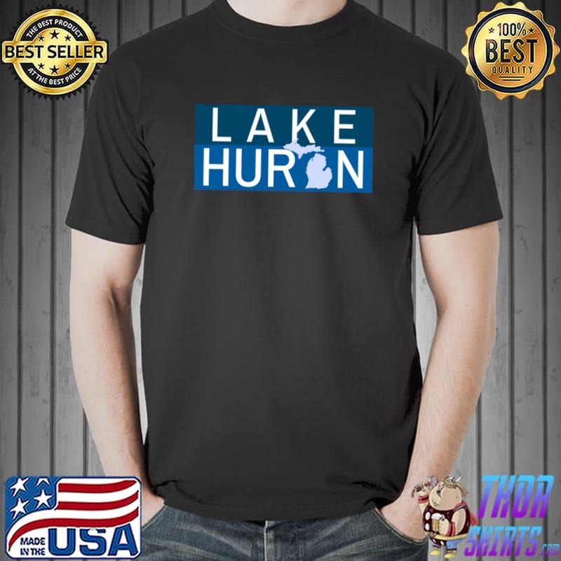 Lake Huron Michigan USA Silhouette Shades of Blue Bar Lines Classic T-Shirt