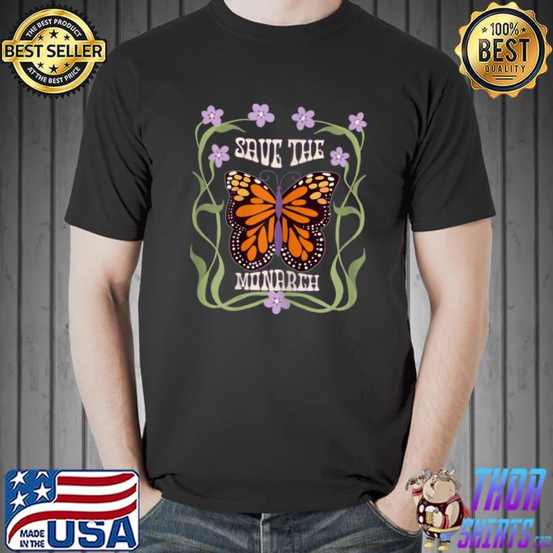 Monarch Butterfly 70s Art Nouveau Design Save The Monarch Flowers T-Shirt