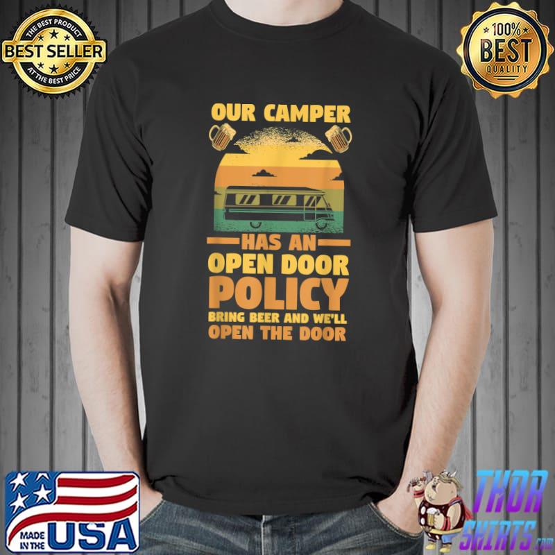 Our Camper Has An Open Door Policy Bring Beer Vintage Sunset T-Shirt
