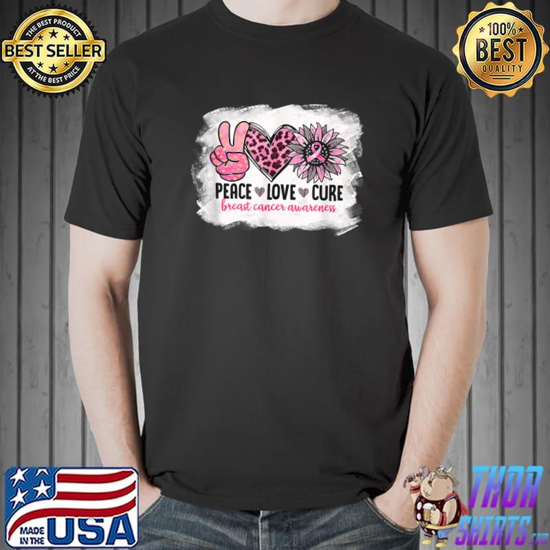 Peace Love Cure Breast Cancer Awareness High Hand Heart Leopard Sunflower Ribbon T-Shirt