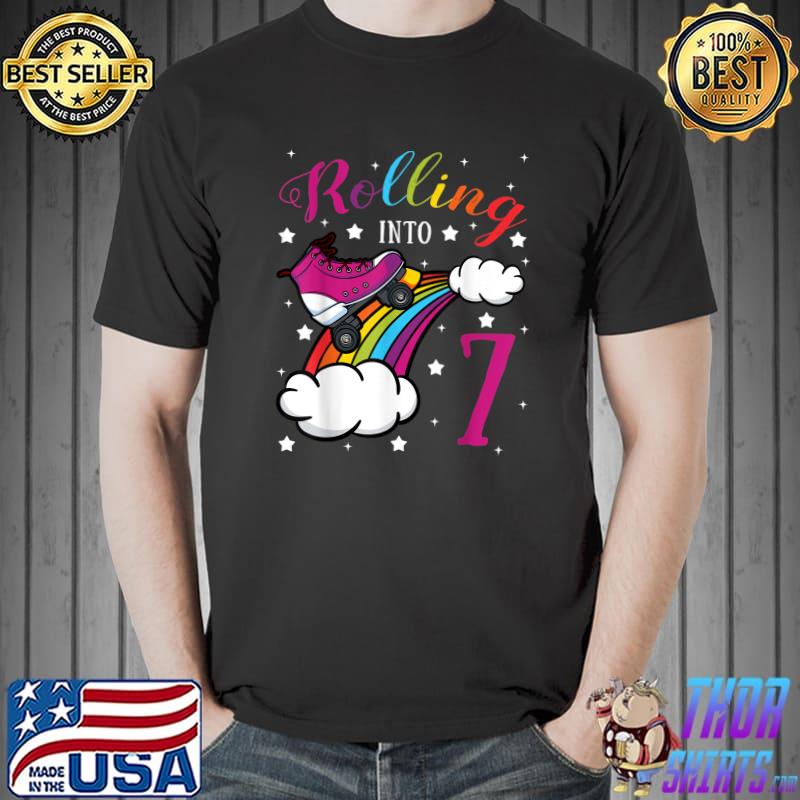 Rolling Into 7 Birthday Roller Skate Rainbow Bday Party T-Shirt
