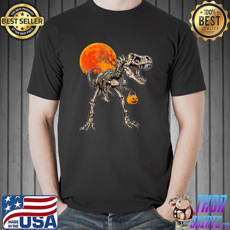 Skeleton Dinosaur T rex Boys Halloween Mummy Blood Moon Pumpkin T-Shirt
