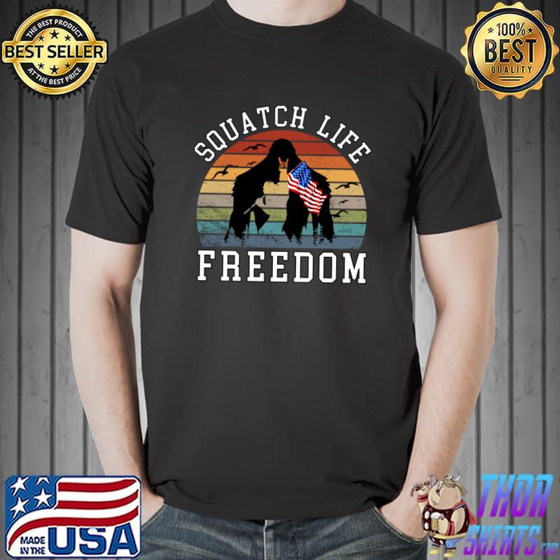 Squatch Life Freedom Sasquatch Theme American Flag Vintage Sunset T-Shirt