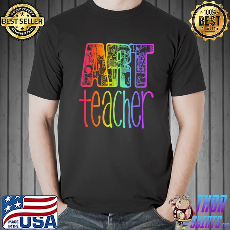 Art teacher supplies doodle in rainbow color art teacher christmas shirt