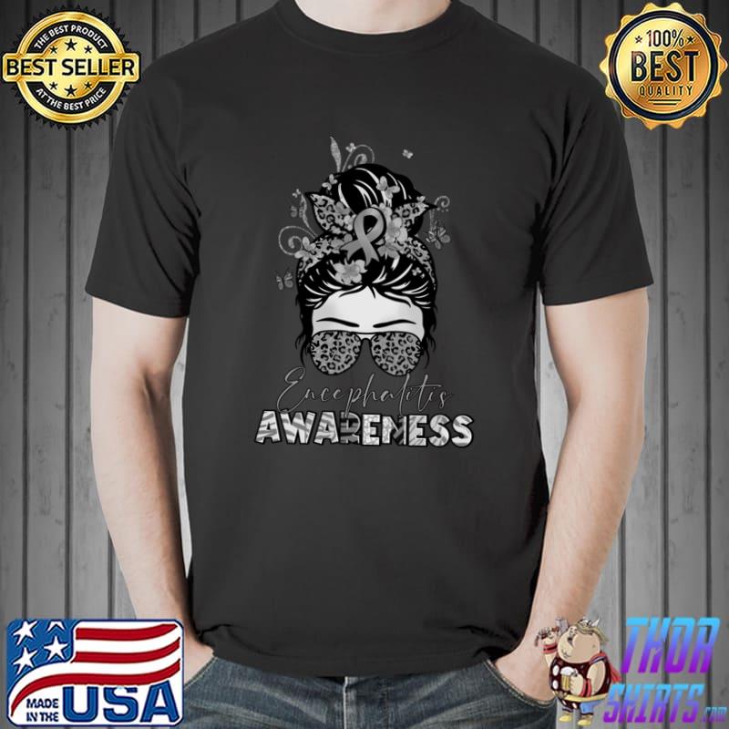 Encephalitis awareness messy bun leopard sunglass and butterflies ribbon T-Shirt