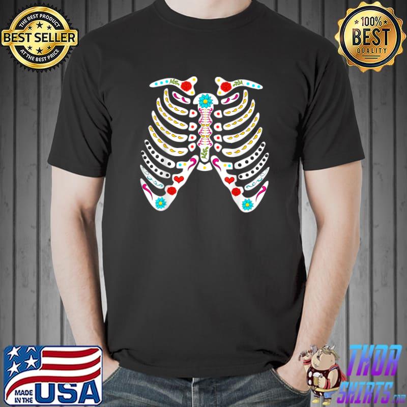 Flower Skeleton Cage Scary Halloween Skull Day Of Dead T-Shirt