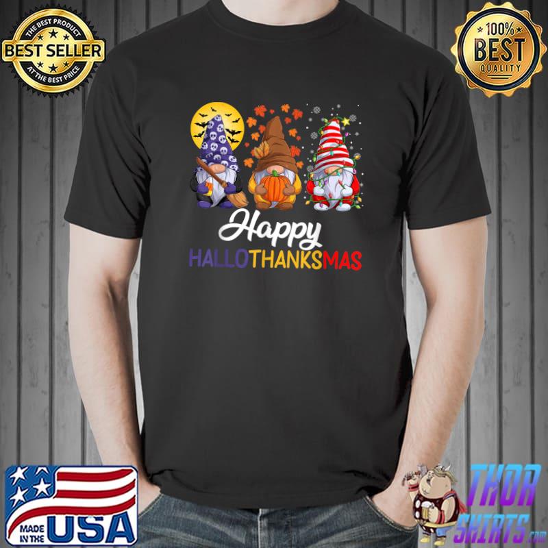 Gnomes With Autumn Fall Moon And Bats Halloween Thanksgiving Christmas Happy Hallothanksmas T-Shirt