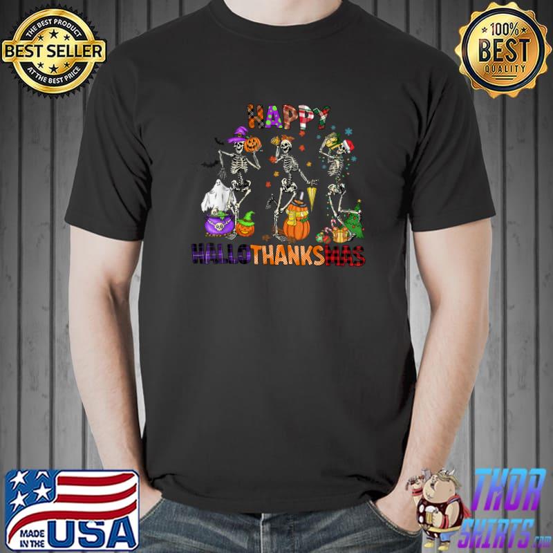 Happy Hallothanksmas Halloween Thanksgiving Christmas Purple Orange Red Plaid Skeleton Dancing T-Shirt