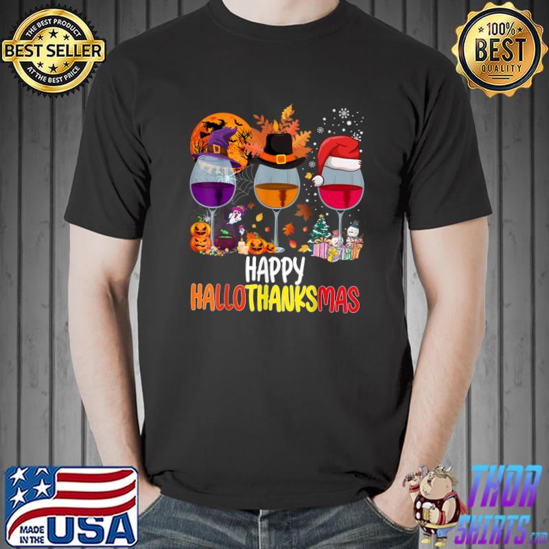 Happy Hallothanksmas Wine Glasses Witch Santa Hat Pumpkin And Blood Moon Halloween T-Shirt