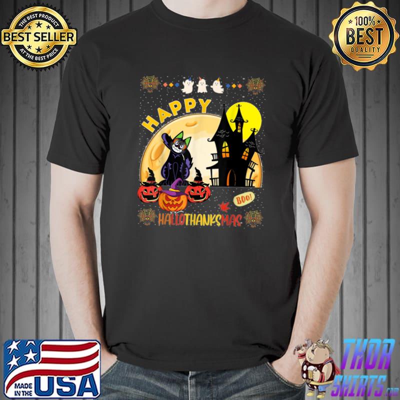 Happy Hallothanksmas With Moon And House Witch Cat Black Halloween Boo Thanksgiving T-Shirt