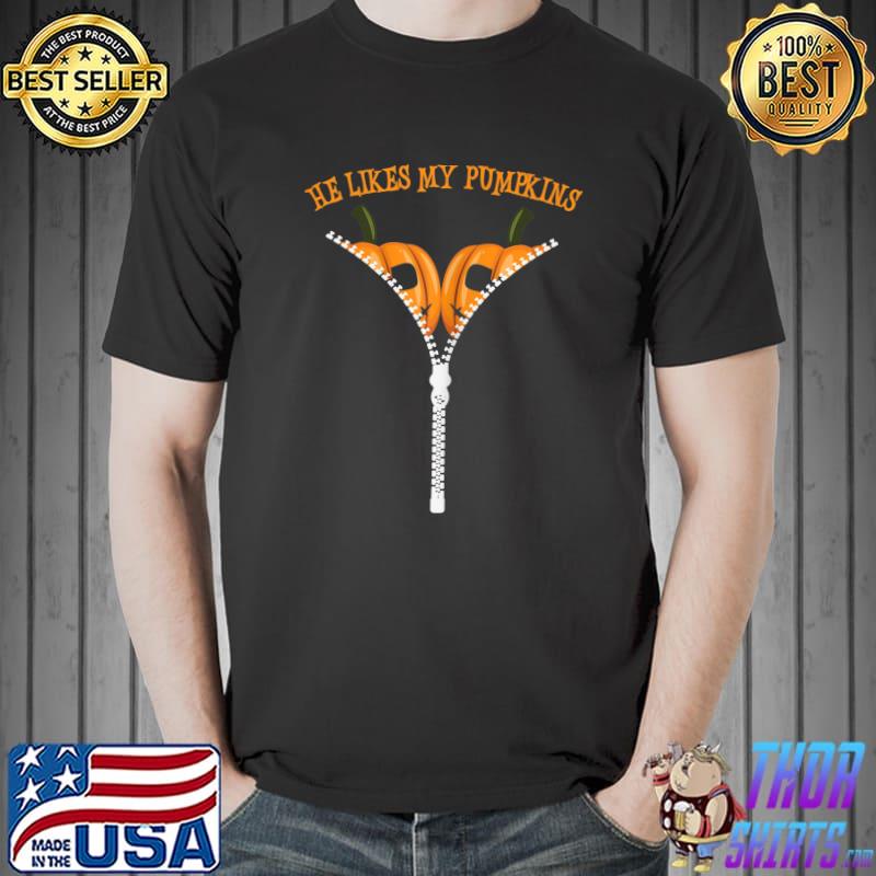 He Likes My Pumpkins Lazy Halloween Couples T-Shirt