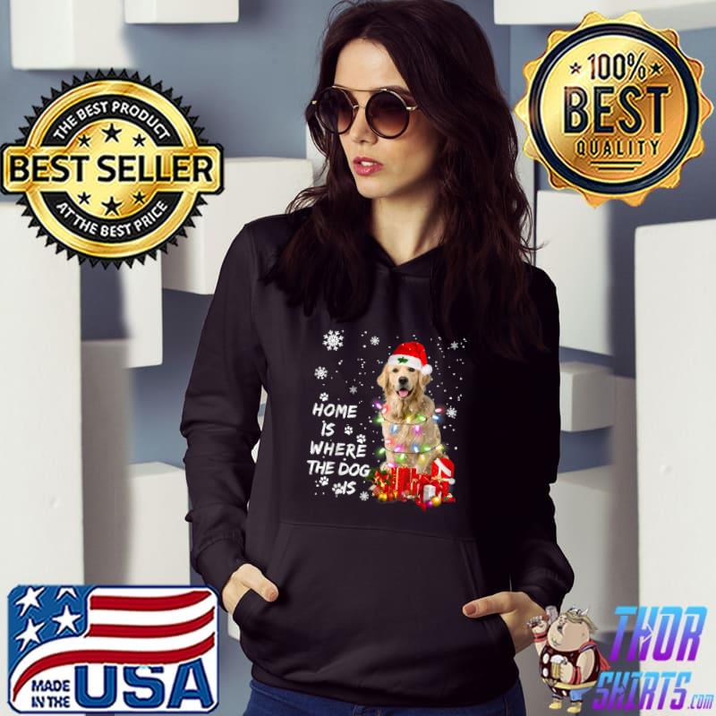 Home Is Where The Dog Is Golden Retriever Santa Christmas Tree Lights Xmas Dog T-Shirt Hoodie
