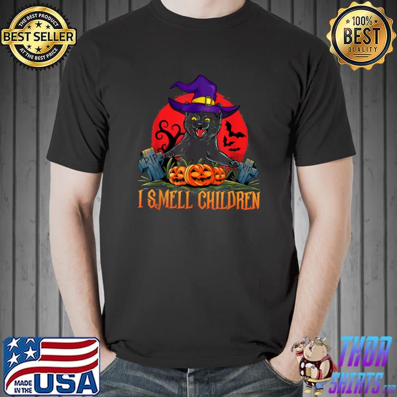 I Smell Children Halloween Costume Black Cat Witch Blood Moon And Pumpkins T-Shirt