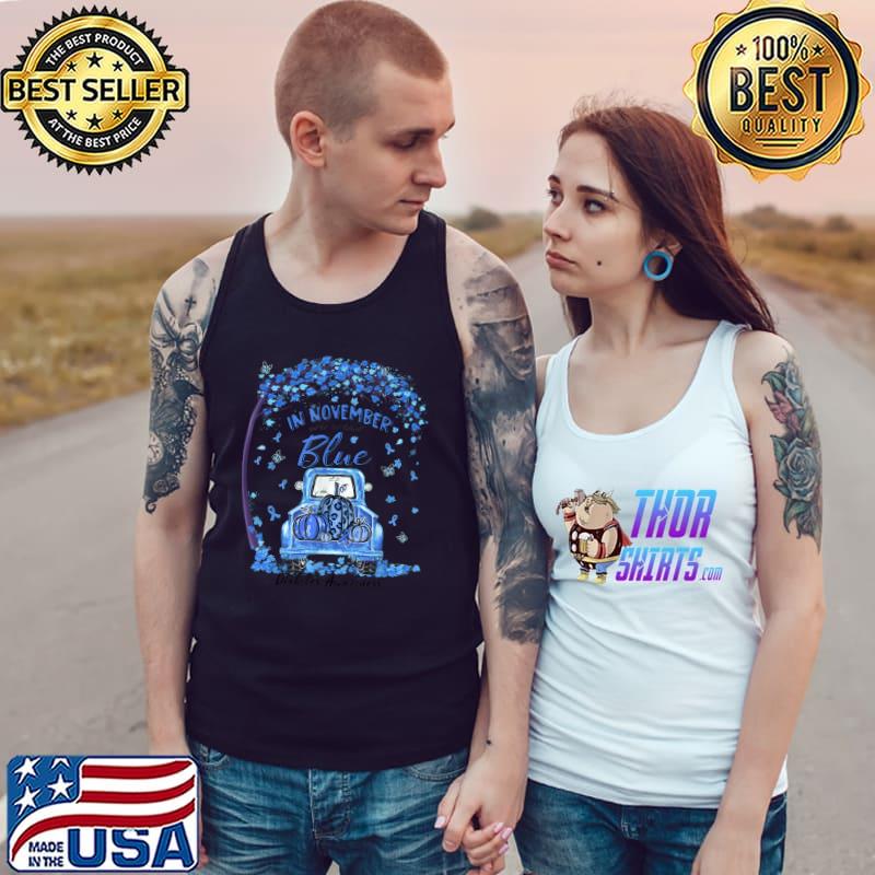 In November We Wear Blue Diabetes Awareness Tractor And Pumpkin Leopard Autumn Fall Tree T-Shirt Tank Top
