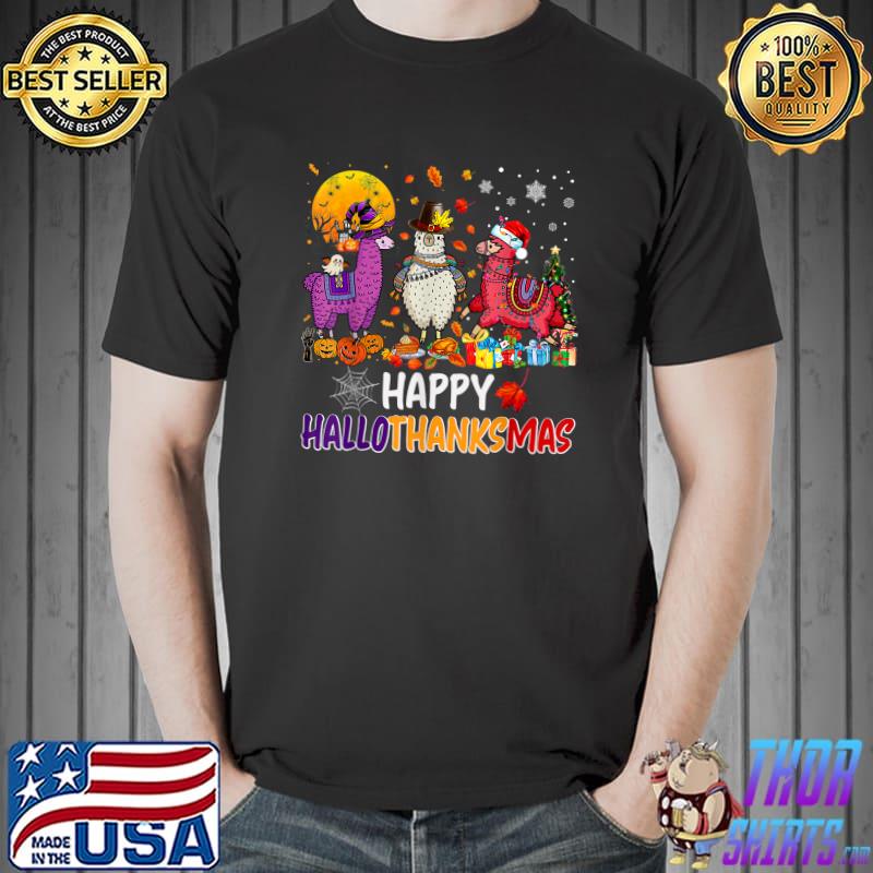 Llama With Bats And Moon Happy Hallothanksmas Halloween Thanksgiving Xmas T-Shirt