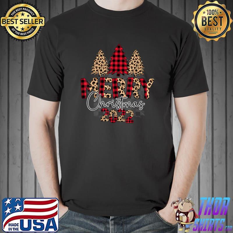Merry Christmas 2022 Buffalo Plaid Red Leopard Christmas Tree Xmas T-Shirt