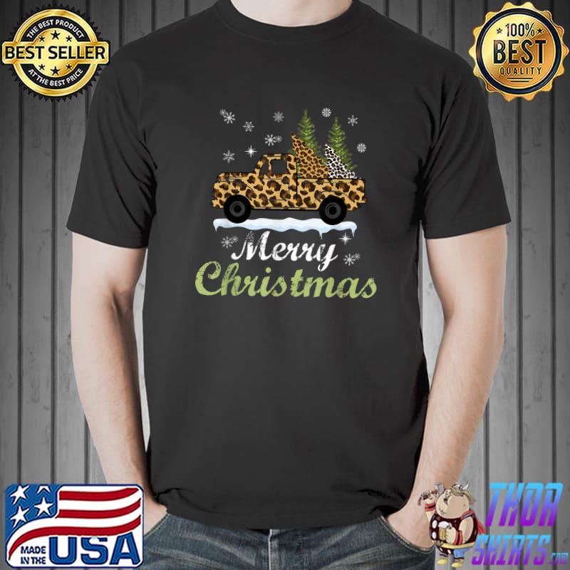 Merry Christmas Leopard Print Xmas Truck Tree T-Shirt