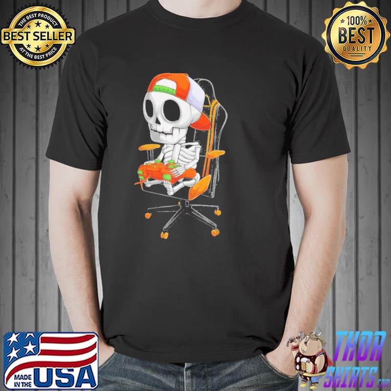 Skeleton gamer video gaming boys kidsns halloween retro art shirt