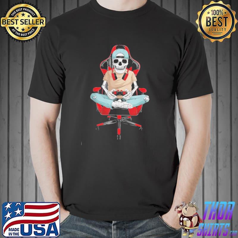 Skeleton gamer video gaming boys men kidsns halloween retro art shirt