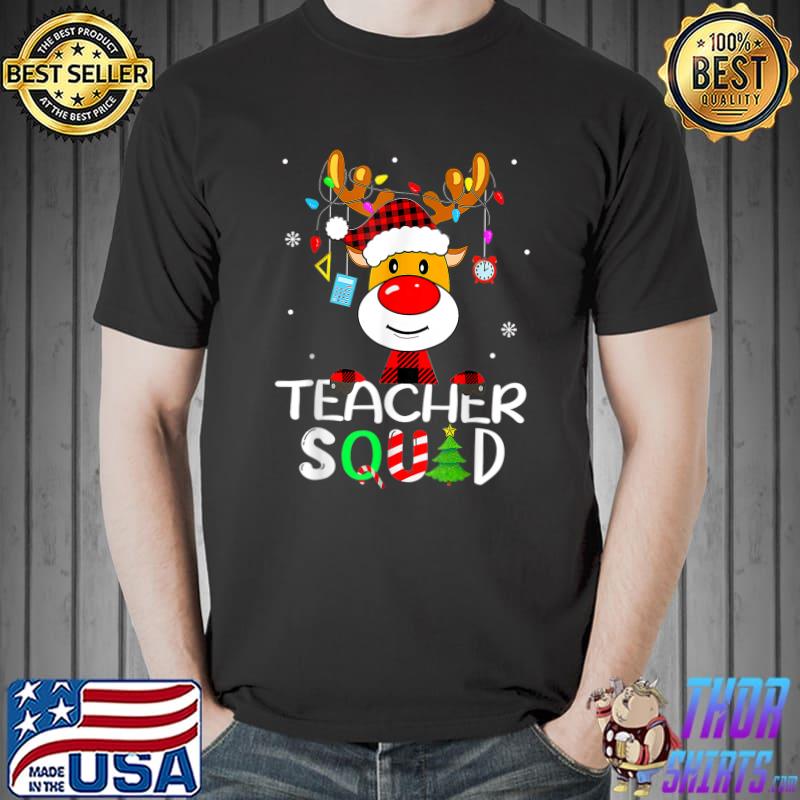Teacher Squad Reindeer Santa Hat Red Plaid And Lights Teacher Christmas Xmas T-Shirt