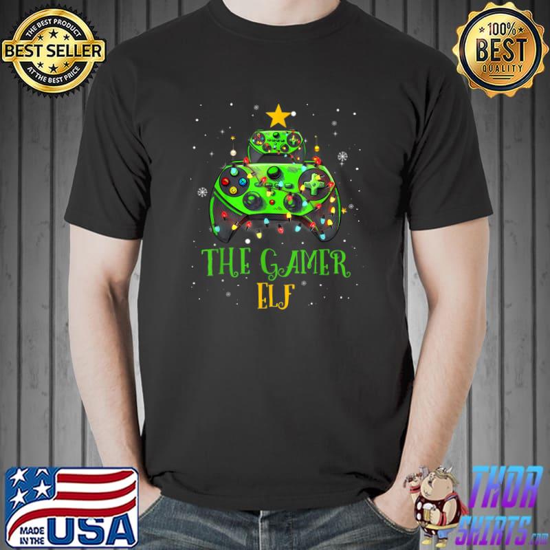 The Gamer Elf Christmas Tree Lights Matching Family Group Video Game T-Shirt