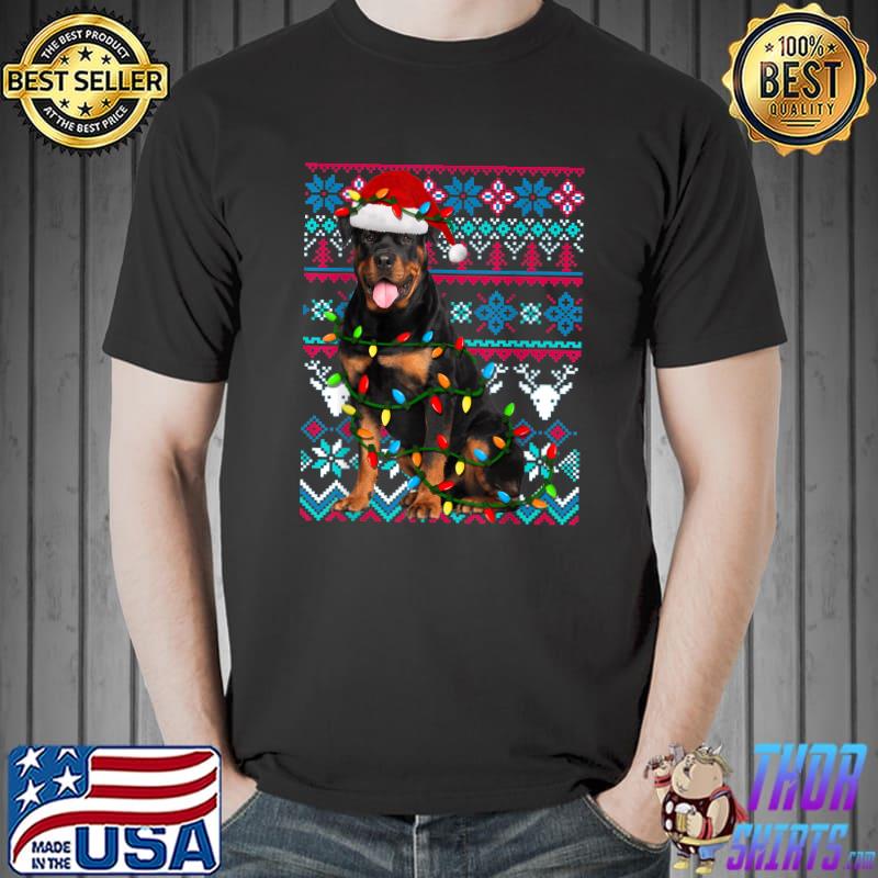 Ugly Christmas Sweater Rottweiler Santa Hat And Lights T-Shirt