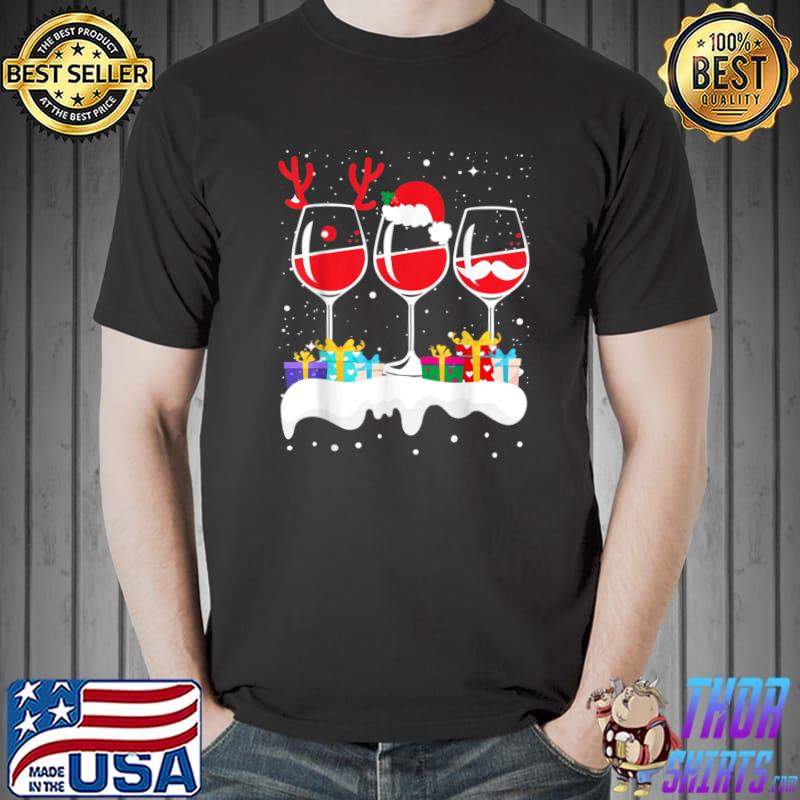 Wine Christmas Lights Xmas Women Santa Hat Reindeer Antlers T-Shirt