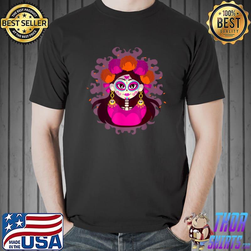 Womens Floral Dia De Los Muerto Mexican Skull Girl T-Shirt