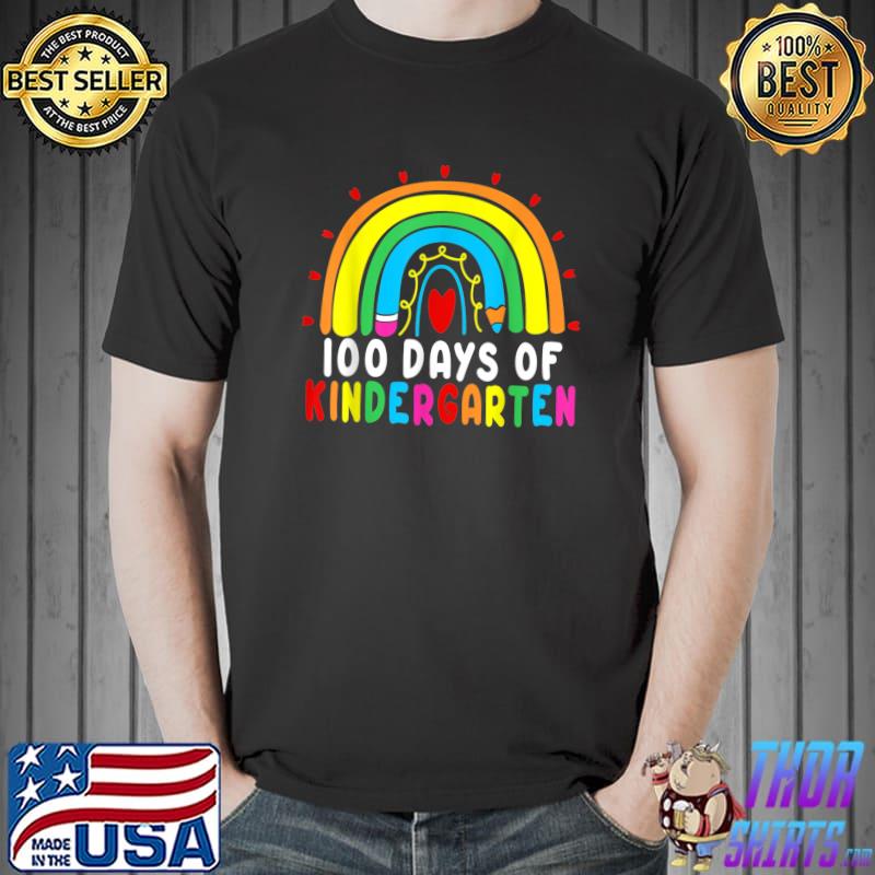 100 Days Of Kindergarten Rainbow Colors Heart Crayon 100th Day School Teacher T-Shirt