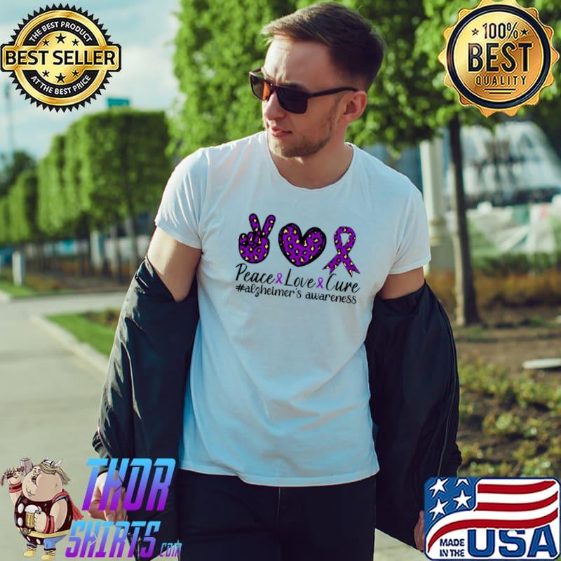 Alzheimer's Awareness Ribbon Leopard Peace Love Cure T-Shirt