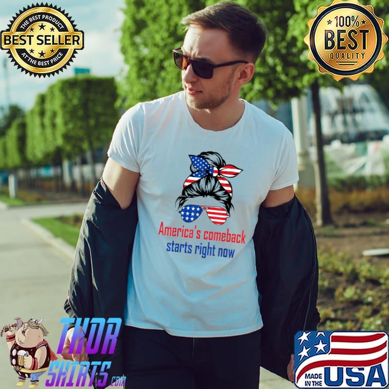 America’s Comeback Starts Right Now Messy Bun Sunglasses American Flag Election 2024 T-Shirt